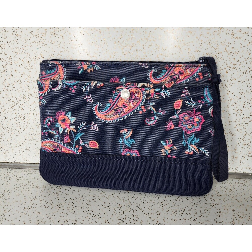 Lands End Small Open Top DEEP SEA NAVAL PAISLEY FLORAL Canvas Crossbody Purse